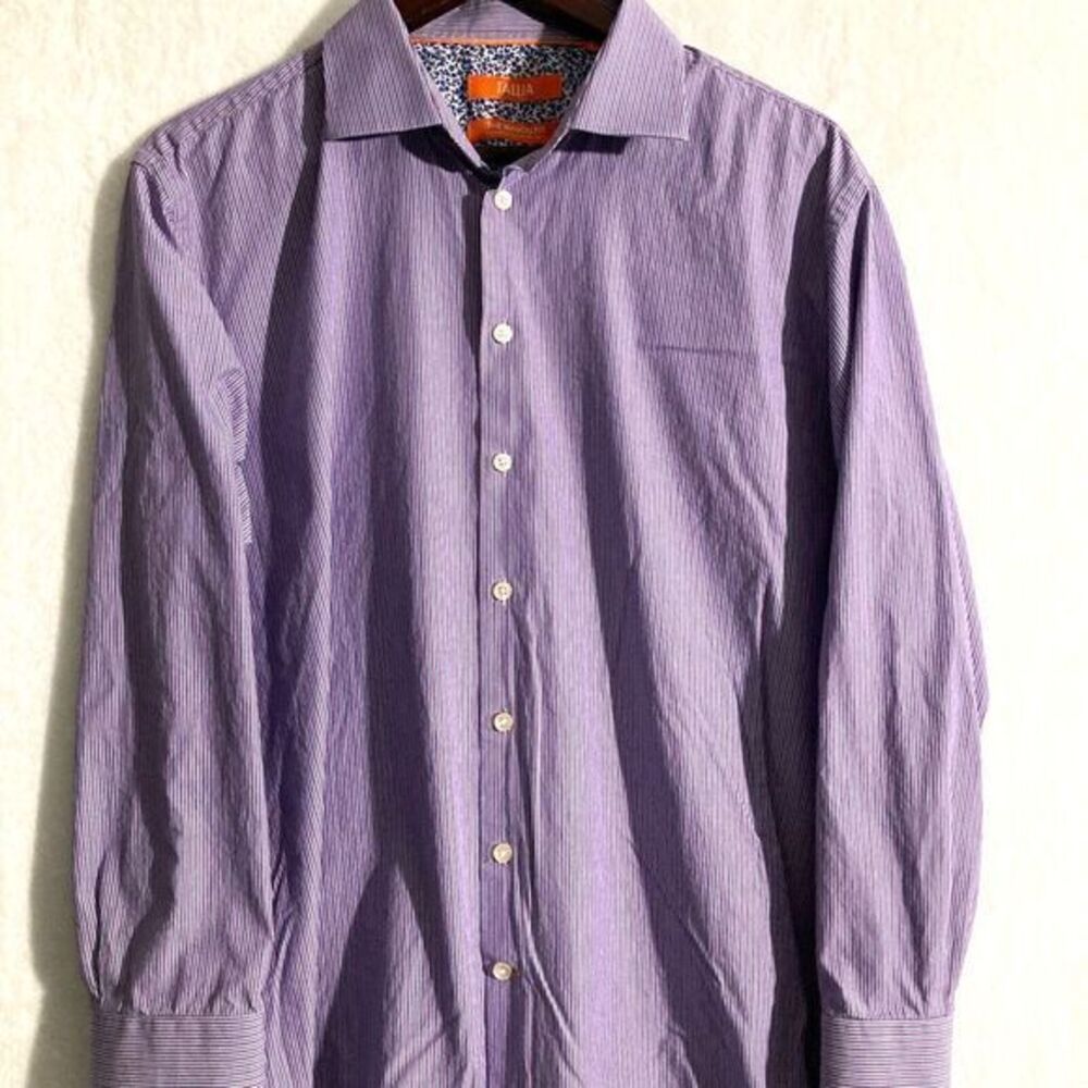 Tallia Mason Fit Shirt Mens Size 17/17.5-34/35 Striped Long Sleeve Contrast Cuff